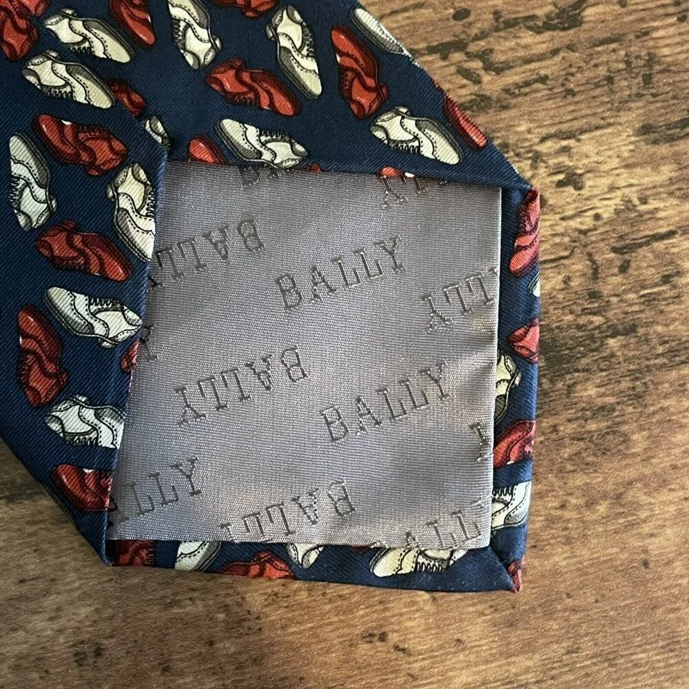 Bally Mens Silk Necktie USA Made Navy Blue Spectator Wingtip Shoe Novelty Print